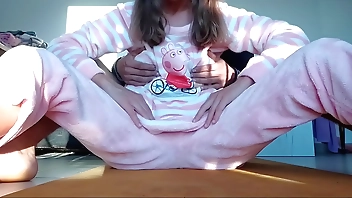 teasing petite hot sexy horny stepsister with small tits in pajama and taboo touch pussy