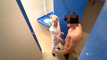 I surprise the gym cleaning girl who when she comes in to clean the toilet she catches me jerking off and helps me finish cumming with a blowjob