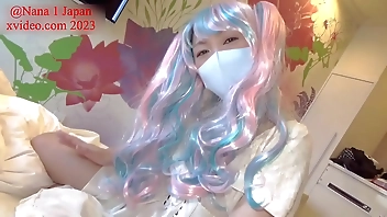 Nana thrusts hard in cowgirl position! Heavenly course of handjob ejaculation with angel cosplay rainbow wig