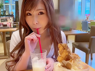 Sexy Nipponese slut kneels for a footjob before riding the cowgirl's strap-on