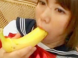 Nippon schoolgirl with a banana-filled snatch screams 'Oh fuck' in Tokyo XXX playroom.
